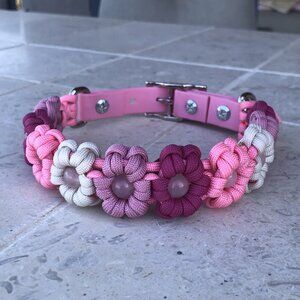 Pink Flower Dog Collar ~ Adjustable 15" - 17.5" Medium Paracord Handmade Fancy